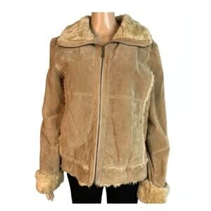 Wilsons Women's Large Leather Tan Suede Trimmed Penny Lane Jacket Faux Fur Trim